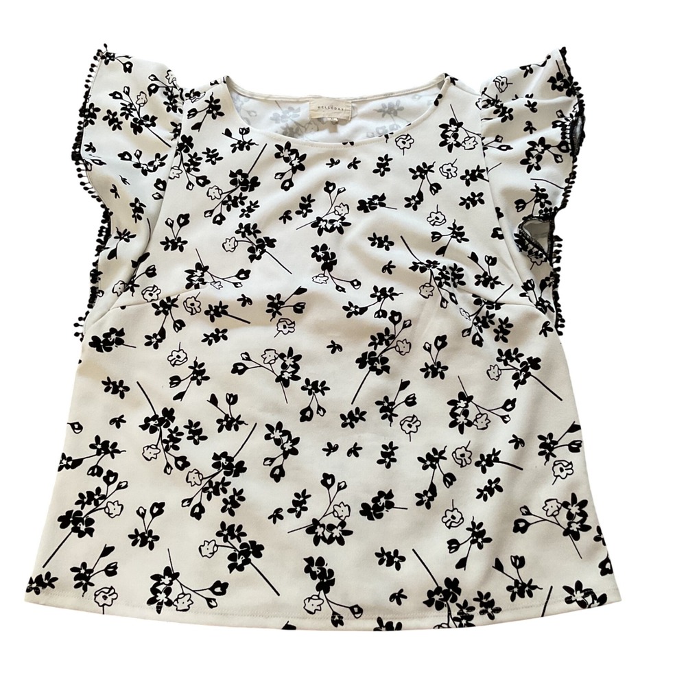 Melloday Women White Black Floral Flutter Sleeve Pom Pom Trim Blouse Size M